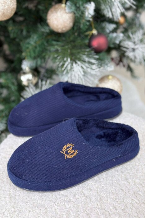 ONE COLOR M SYMBOL TEDDY LINED MAN SLIPPERS BLUE/BLU - KLAUDIO FASHION