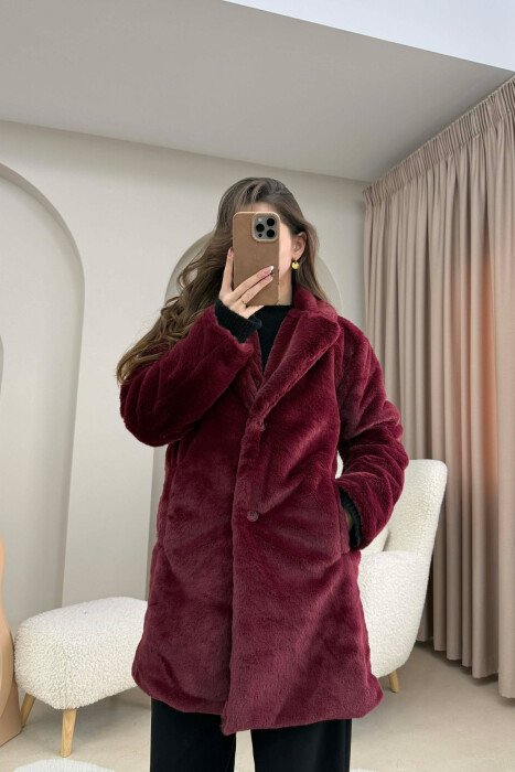 ONE COLOR MEDIUM FUR WOMAN COAT BURGUNDY/VISHNJE - KLAUDIO FASHION
