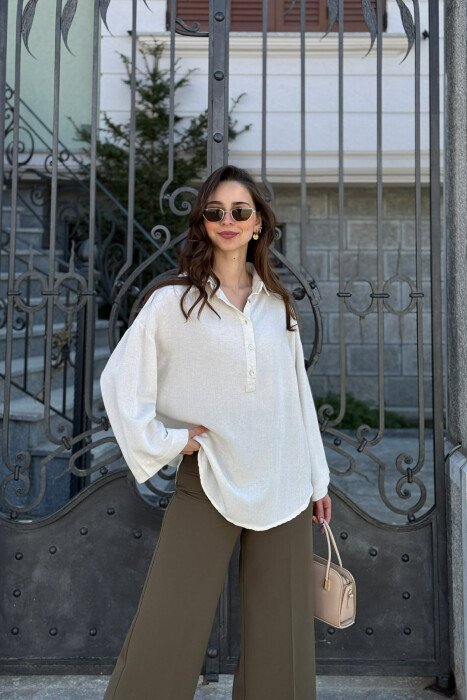 ONE COLOR NECK BUTTONS WOMAN SHIRT CREAM/KREM - 1