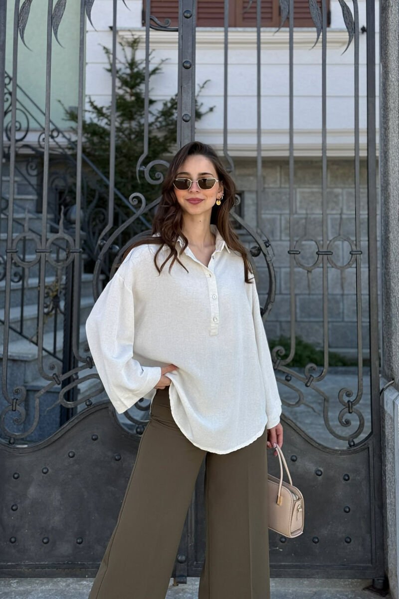 ONE COLOR NECK BUTTONS WOMAN SHIRT CREAM/KREM - 1