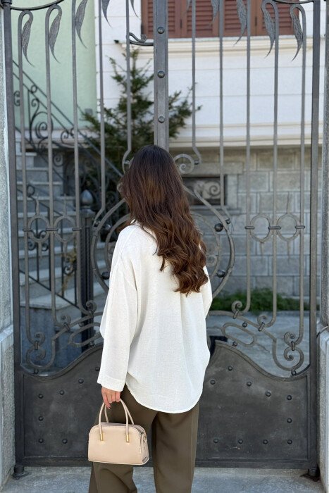 ONE COLOR NECK BUTTONS WOMAN SHIRT CREAM/KREM - 7
