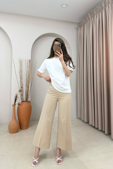 ONE COLOR NECK DETAIL WOMAN T-SHIRT CREAM/KREM - 3