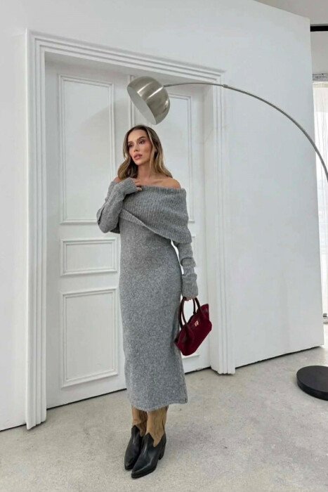 ONE COLOR OFF SHOULDERS WOMAN DRESS DARK GREY/GEE - KLAUDIO FASHION