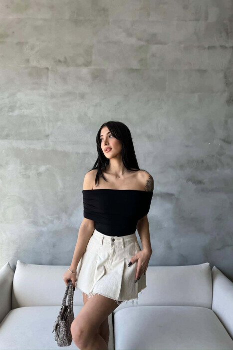 ONE COLOR OFF SHOULDERS WOMAN T-SHIRT BLACK/ E ZEZE - 2