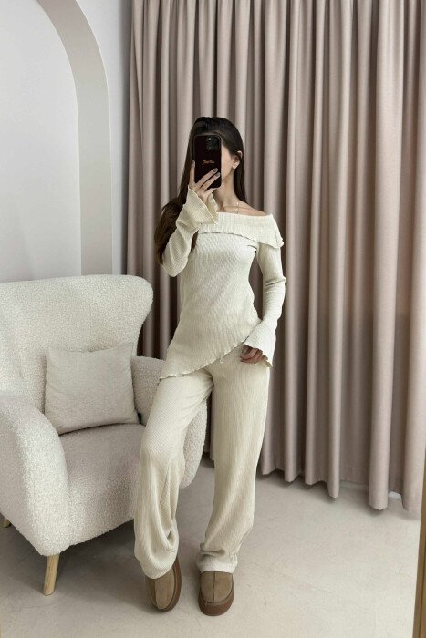 ONE COLOR OFF SHOULDER+TROUSERS WOMEN SET CREAM/KREM - 2