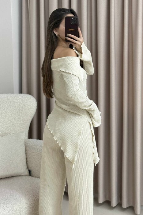 ONE COLOR OFF SHOULDER+TROUSERS WOMEN SET CREAM/KREM - 4