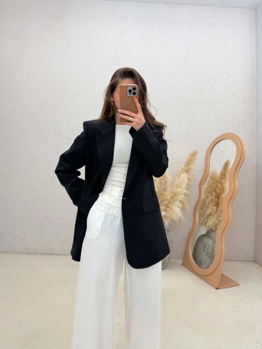 ONE COLOR ONE BUTTON DETAIL WOMAN JACKET DARK BLUE/BEE - 2