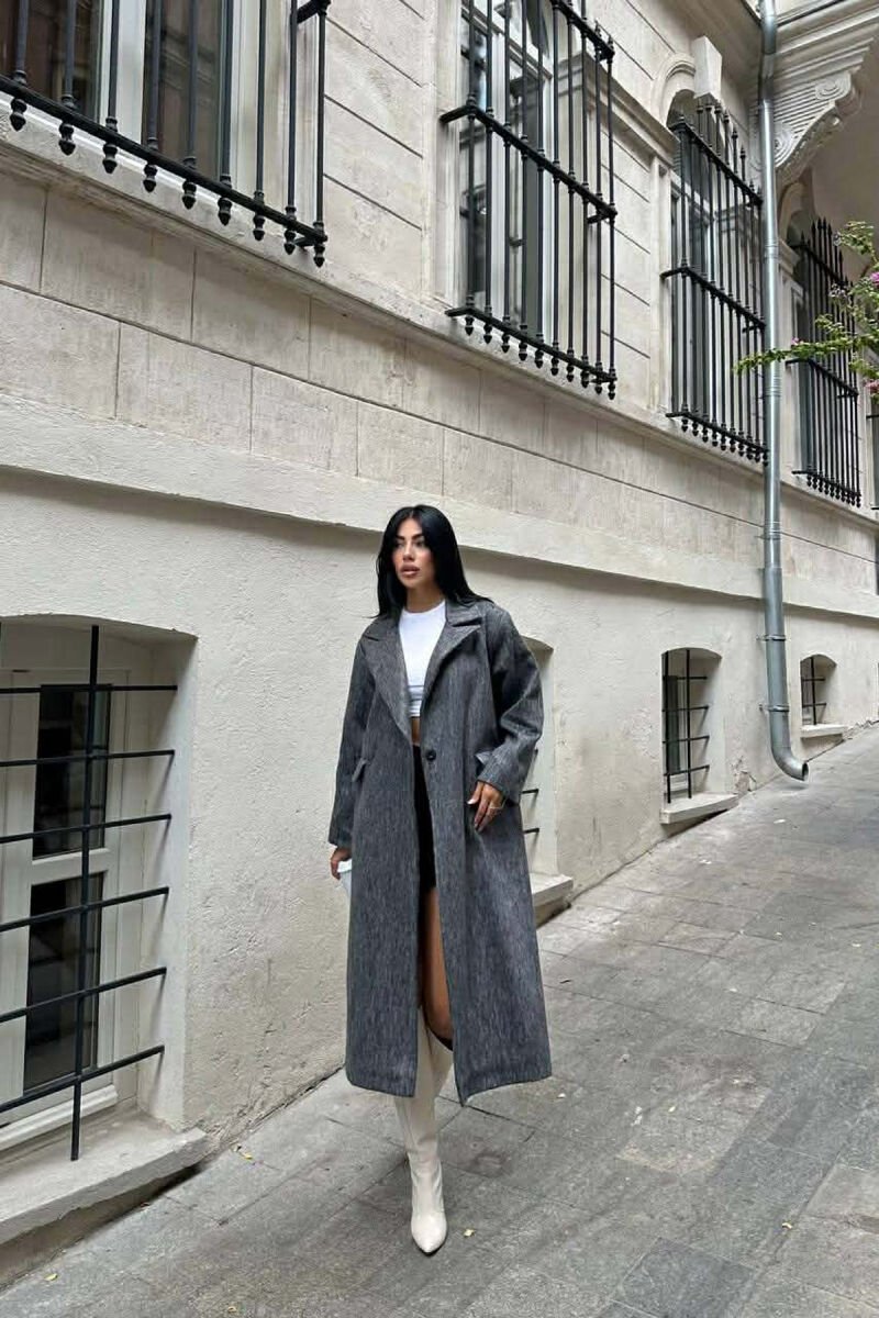 ONE COLOR ONE BUTTON FUR LONG WOMAN COAT GREY/GRI - 1