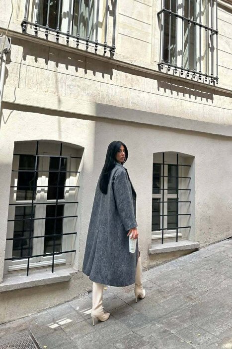 ONE COLOR ONE BUTTON FUR LONG WOMAN COAT GREY/GRI - 2