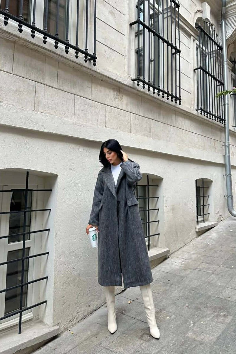 ONE COLOR ONE BUTTON FUR LONG WOMAN COAT GREY/GRI - 3