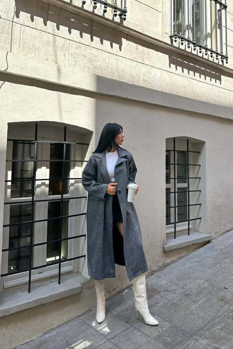 ONE COLOR ONE BUTTON FUR LONG WOMAN COAT GREY/GRI - 4