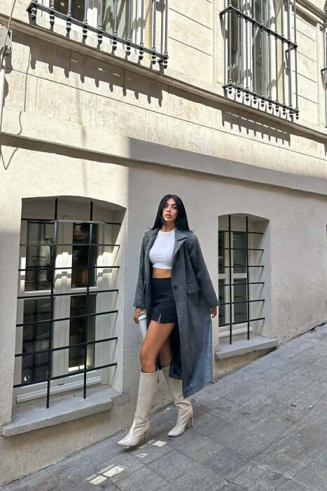ONE COLOR ONE BUTTON FUR LONG WOMAN COAT GREY/GRI - 5