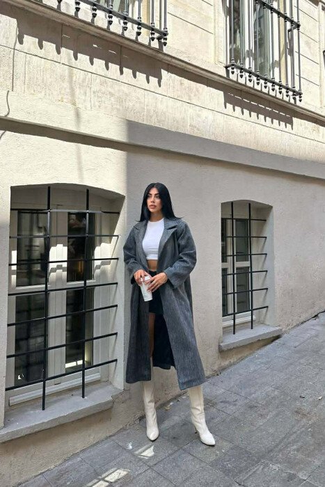 ONE COLOR ONE BUTTON FUR LONG WOMAN COAT GREY/GRI - 6