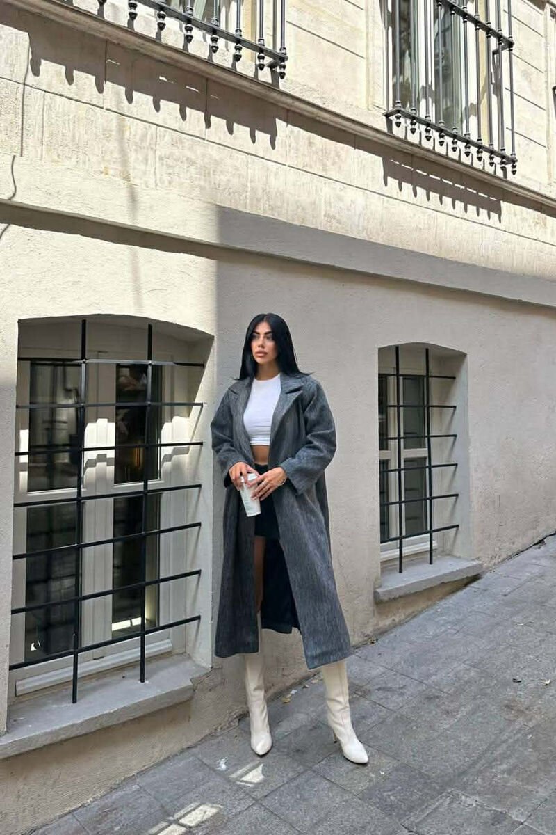 ONE COLOR ONE BUTTON FUR LONG WOMAN COAT GREY/GRI - 6