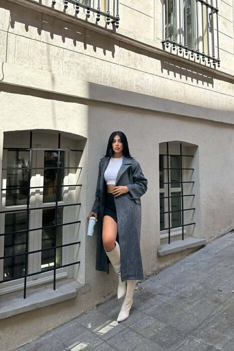 ONE COLOR ONE BUTTON FUR LONG WOMAN COAT GREY/GRI - 7