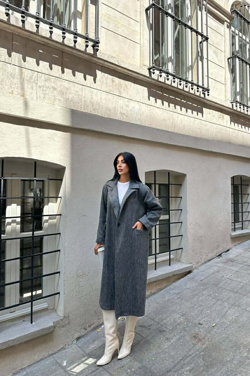 ONE COLOR ONE BUTTON FUR LONG WOMAN COAT GREY/GRI - 8