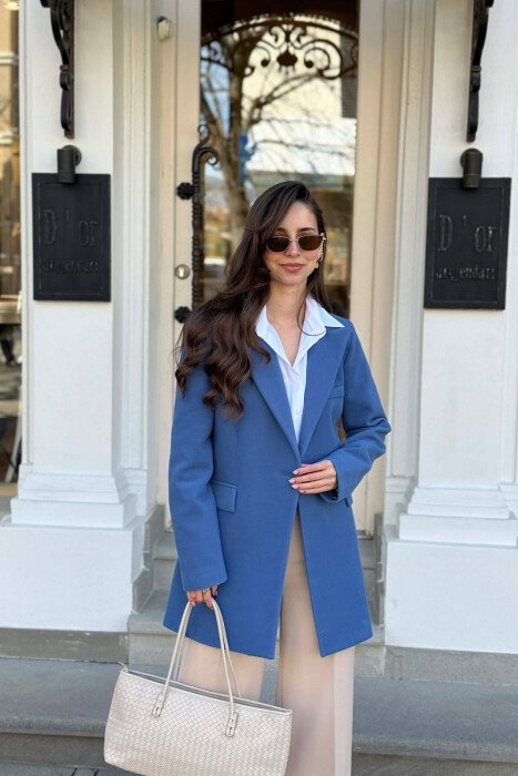 ONE COLOR ONE BUTTON SIMPLE WOMAN JACKET BLUE/BLU - KLAUDIO FASHION