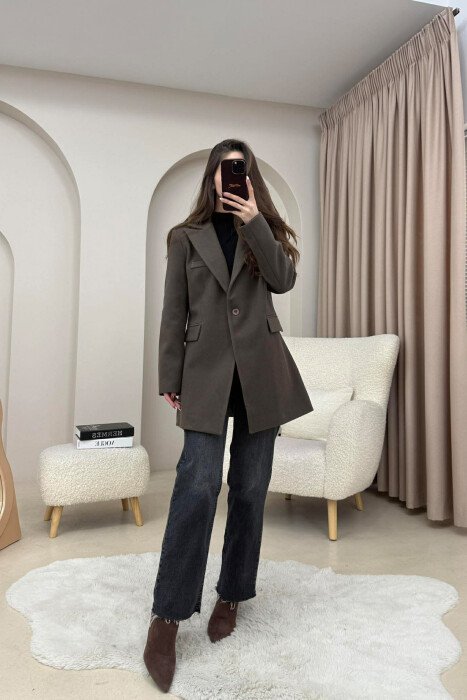 ONE COLOR ONE BUTTON SIMPLE WOMAN JACKET BROWN/KAFE - 6