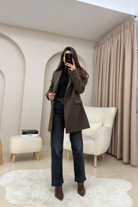 ONE COLOR ONE BUTTON SIMPLE WOMAN JACKET BROWN/KAFE - 8