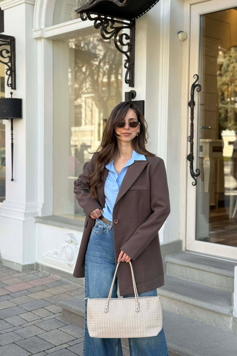 ONE COLOR ONE BUTTON SIMPLE WOMAN JACKET BROWN/KAFE - 2