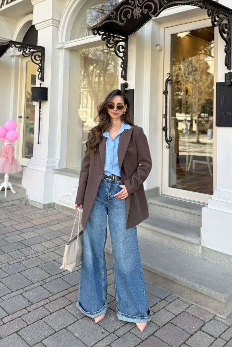 ONE COLOR ONE BUTTON SIMPLE WOMAN JACKET BROWN/KAFE - 3