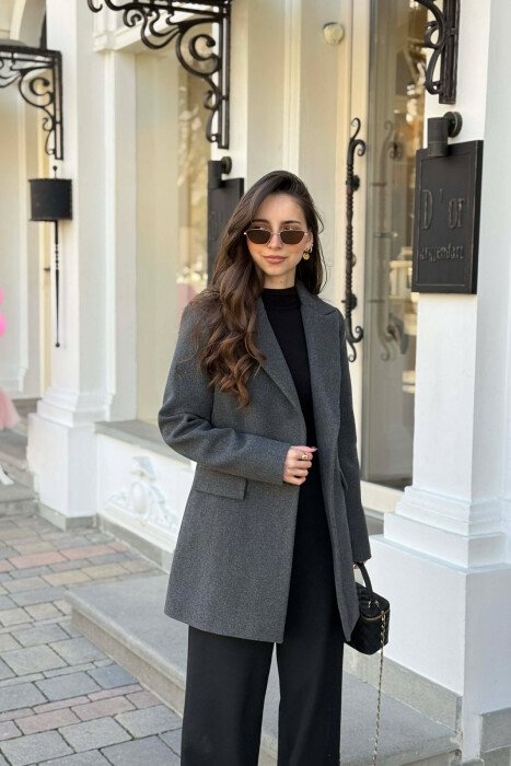 ONE COLOR ONE BUTTON SIMPLE WOMAN JACKET DARK GREY/GEE - 1