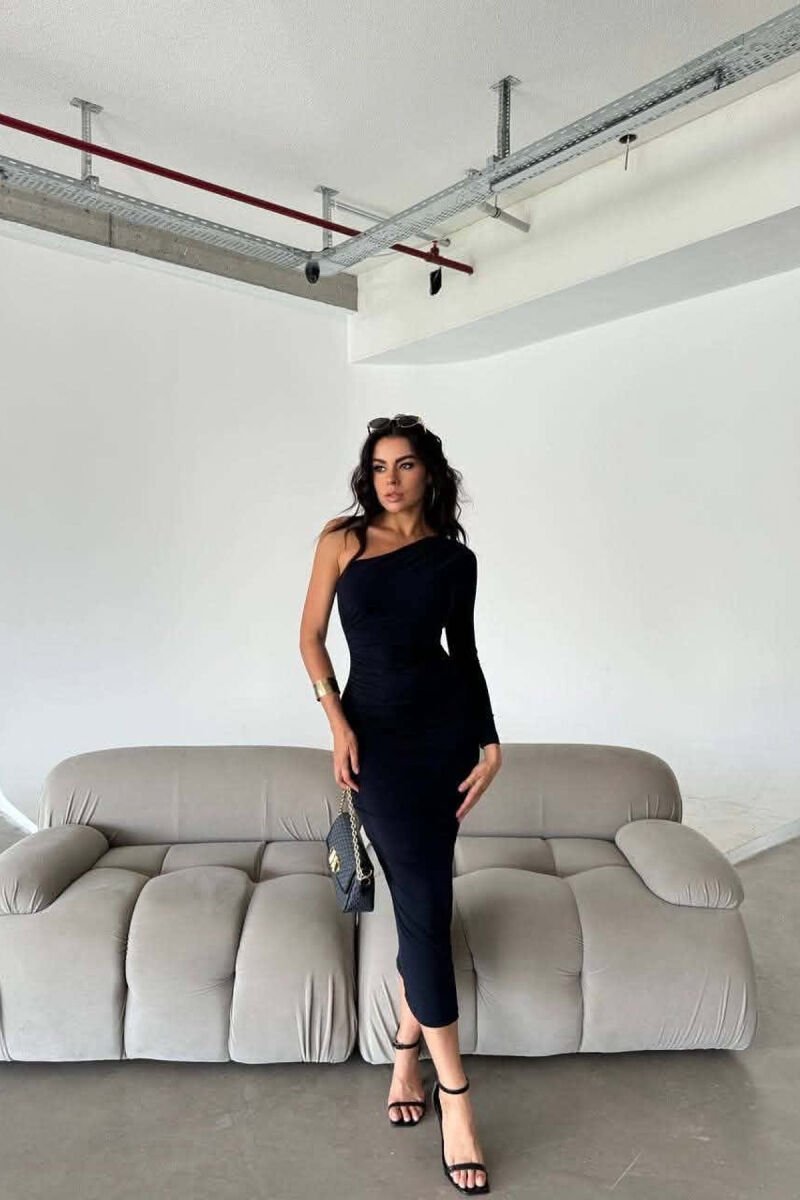 ONE COLOR ONE SHOULDER OFF WOMAN DRESS BLACK/ E ZEZE - 1