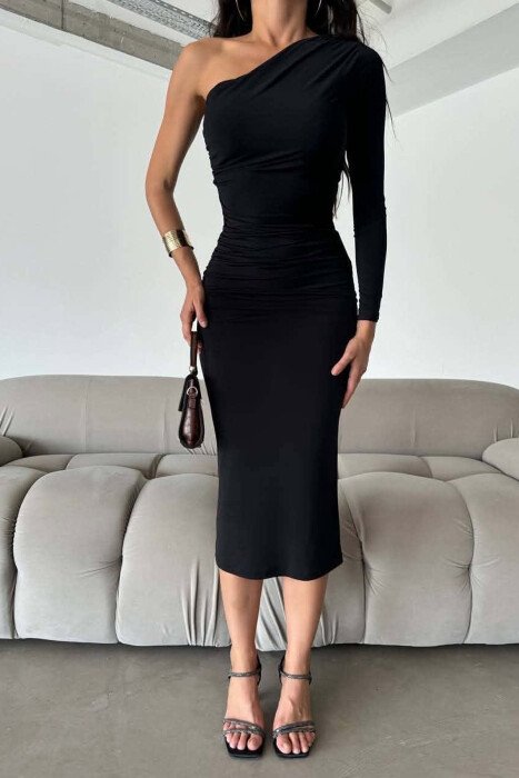 ONE COLOR ONE SHOULDER OFF WOMAN DRESS BLACK/ E ZEZE - 3