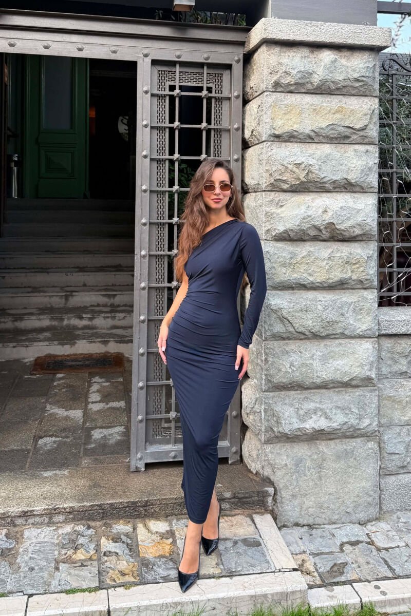 ONE COLOR ONE SHOULDER OFF WOMAN DRESS DARK BLUE/BEE - 1