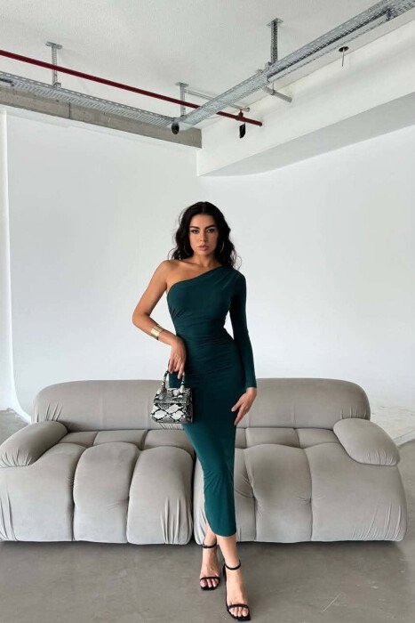ONE COLOR ONE SHOULDER OFF WOMAN DRESS GREEN/JESHILE 