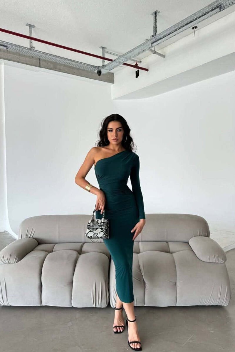 ONE COLOR ONE SHOULDER OFF WOMAN DRESS GREEN/JESHILE - 1