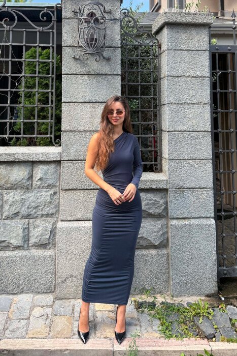 ONE COLOR ONE SHOULDER OFF WOMAN DRESS GREY/GRI 