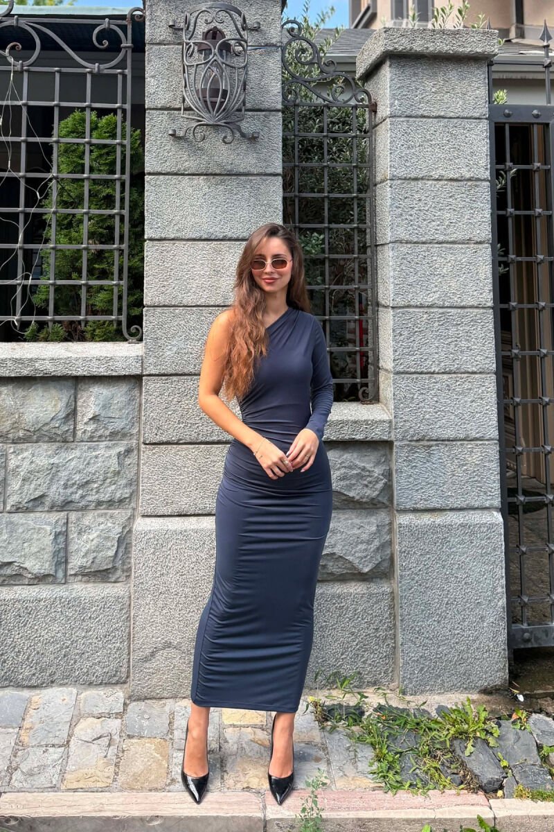 ONE COLOR ONE SHOULDER OFF WOMAN DRESS GREY/GRI - 1
