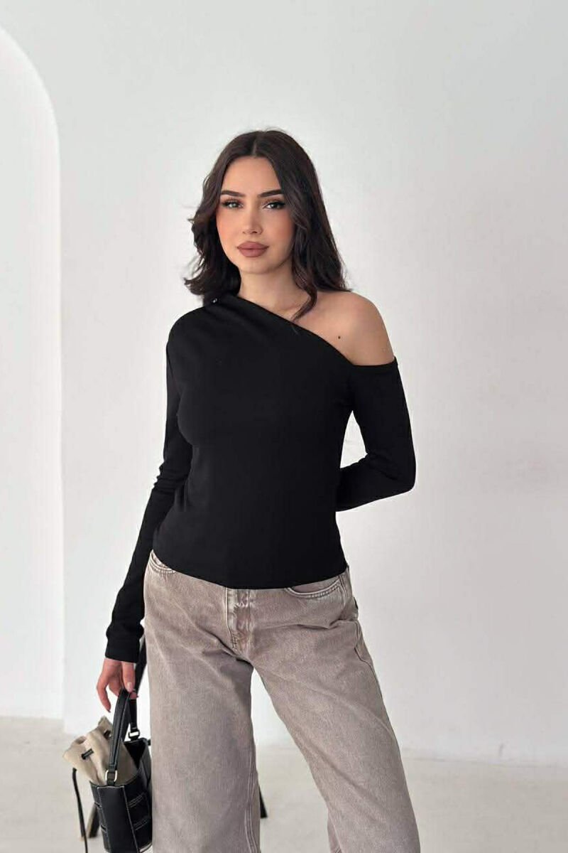 ONE COLOR ONE SHOULDER OFF WOMAN SWEATSHIRT BLACK/ E ZEZE - 1