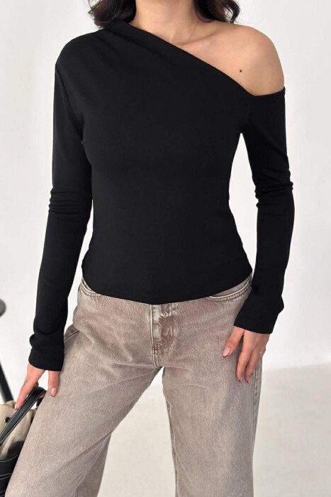 ONE COLOR ONE SHOULDER OFF WOMAN SWEATSHIRT BLACK/ E ZEZE - 2