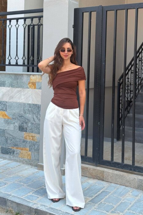 ONE COLOR ONE SHOULDER OFF WOMAN TANK TOP BROWN/KAFE 