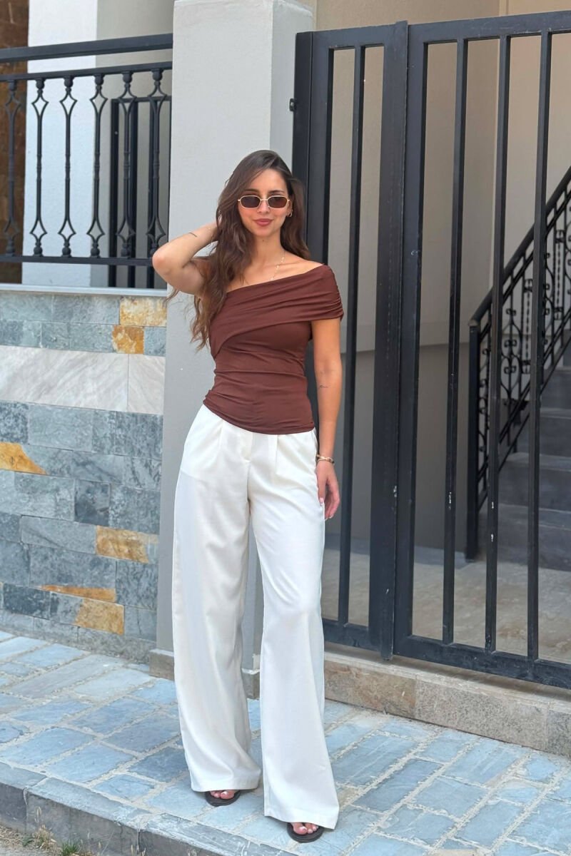ONE COLOR ONE SHOULDER OFF WOMAN TANK TOP BROWN/KAFE - 1