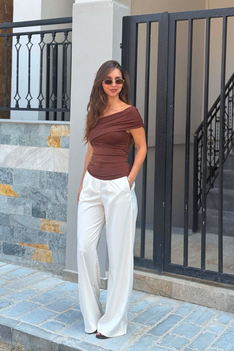 ONE COLOR ONE SHOULDER OFF WOMAN TANK TOP BROWN/KAFE - 2