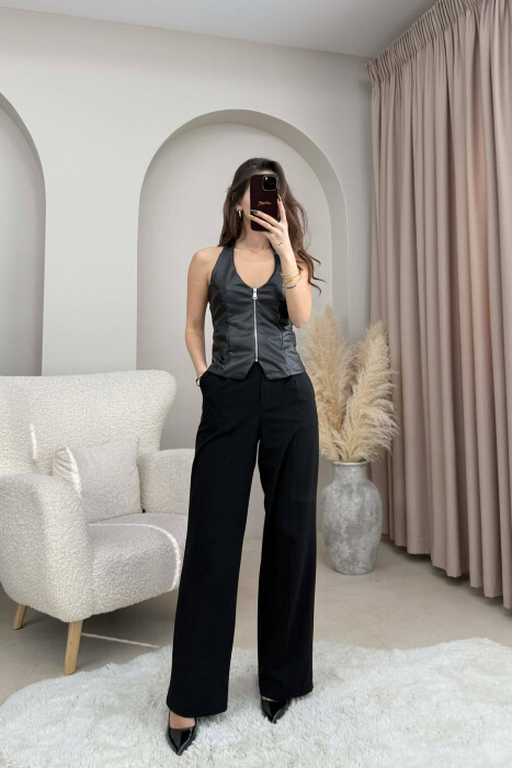 ONE COLOR OPEN BACK LEATHER WOMEN TANK TOP BLACK/ E ZEZE - KLAUDIO FASHION
