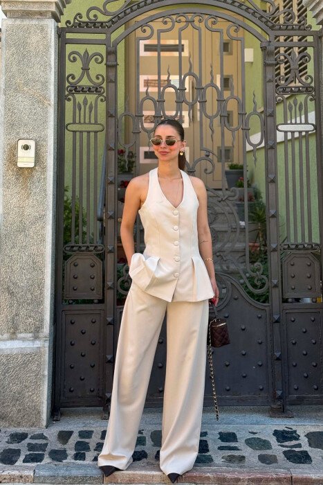 ONE COLOR OPEN BACK VEST + TROUSERS WOMAN SET BEIGE/BEZHE - KLAUDIO FASHION