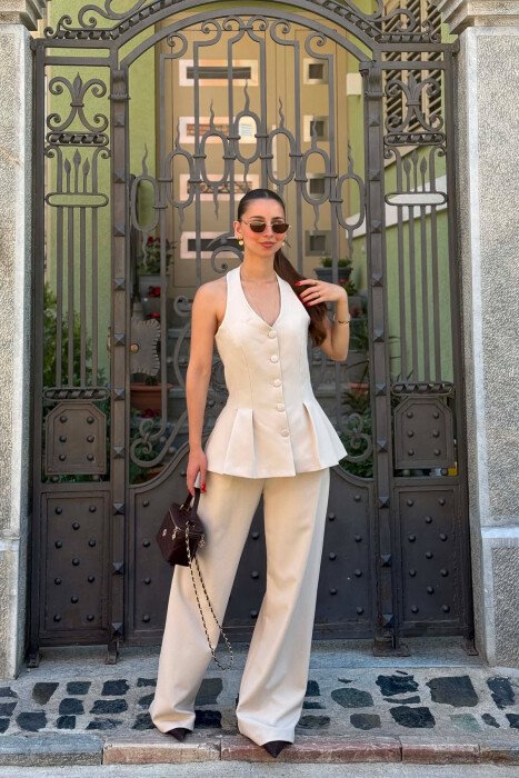 ONE COLOR OPEN BACK VEST + TROUSERS WOMAN SET BEIGE/BEZHE - 5