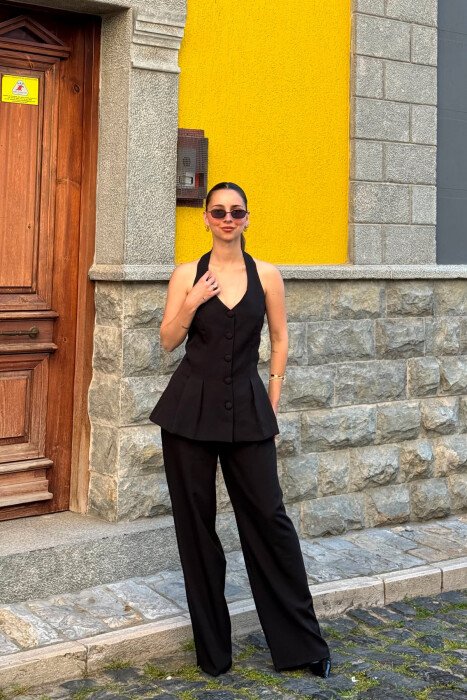 ONE COLOR OPEN BACK VEST + TROUSERS WOMAN SET BLACK/ E ZEZE - KLAUDIO FASHION