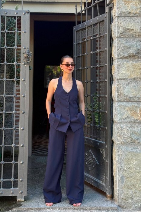 ONE COLOR OPEN BACK VEST + TROUSERS WOMAN SET BLUE/BLU - KLAUDIO FASHION