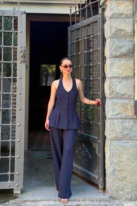 ONE COLOR OPEN BACK VEST + TROUSERS WOMAN SET BLUE/BLU - 2