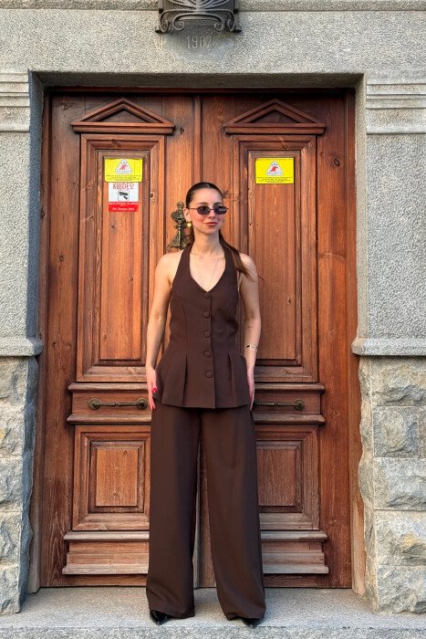 ONE COLOR OPEN BACK VEST + TROUSERS WOMAN SET BROWN/KAFE - KLAUDIO FASHION