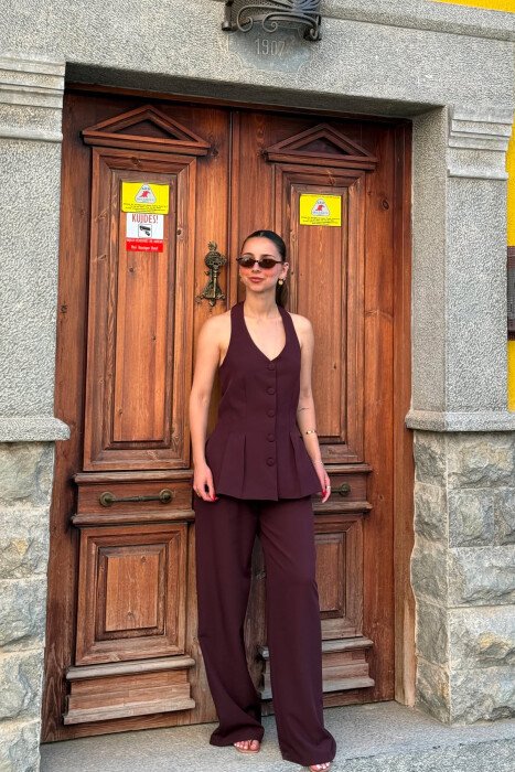 ONE COLOR OPEN BACK VEST + TROUSERS WOMAN SET BURGUNDY/VISHNJE - KLAUDIO FASHION