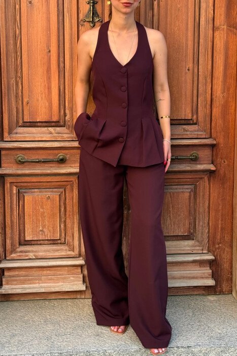 ONE COLOR OPEN BACK VEST + TROUSERS WOMAN SET BURGUNDY/VISHNJE - 3
