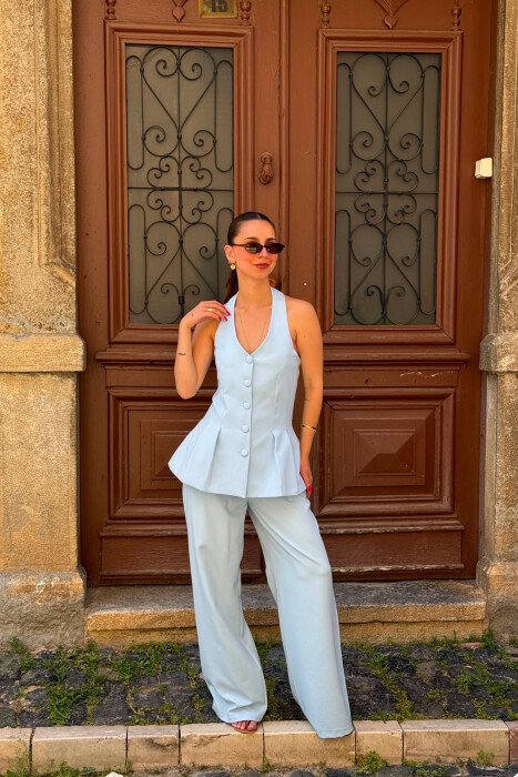 ONE COLOR OPEN BACK VEST + TROUSERS WOMAN SET LIGHTBLUE/BZ - KLAUDIO FASHION