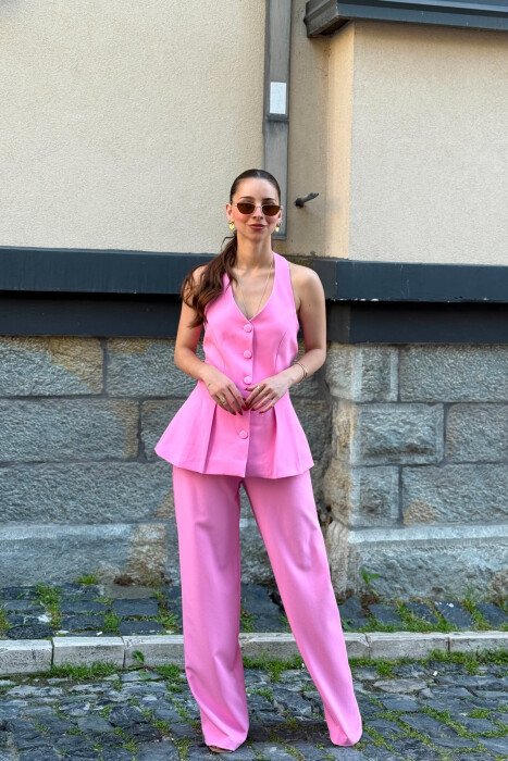 ONE COLOR OPEN BACK VEST + TROUSERS WOMAN SET PINK/ROZE - KLAUDIO FASHION