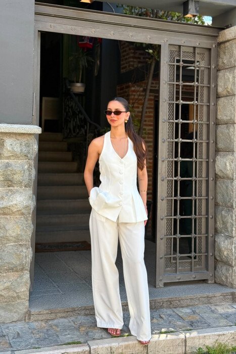 ONE COLOR OPEN BACK VEST + TROUSERS WOMAN SET WHITE-E BARDHE - KLAUDIO FASHION